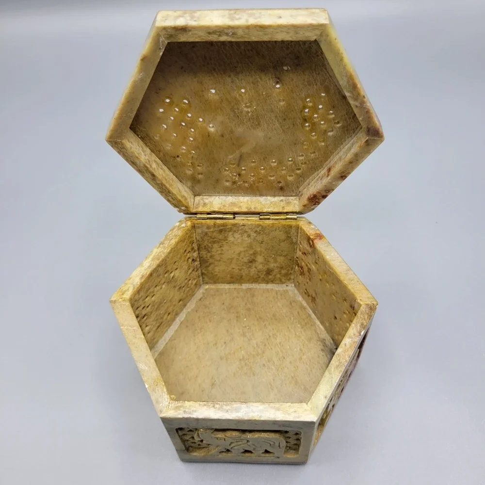 Vintage Carved Soapstone Hinged Trinket Box Trunk Up Elephant Hexagon Box